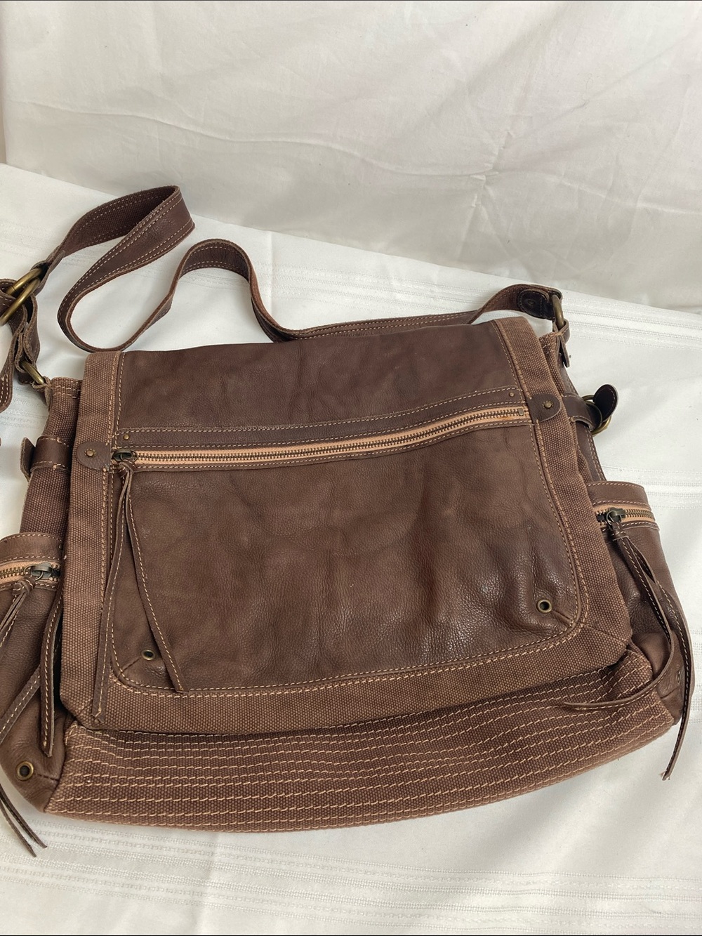 Fossil Brown Leather & Canvas Messenger Bag